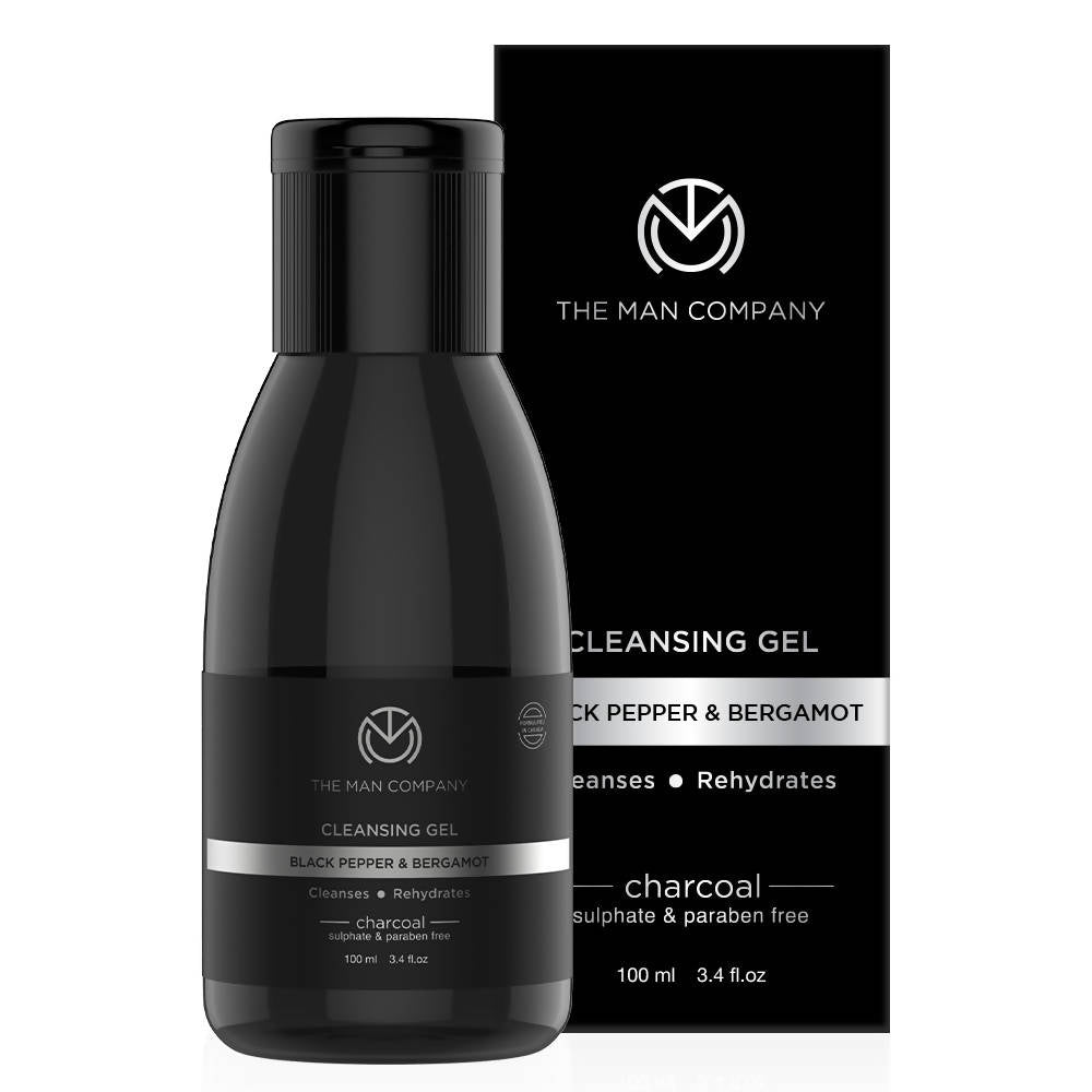 Black cleansing gel bottle with packaging displaying 'The Man Company' on a white background