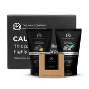 The Man Company skincare products including face wash, scrub, and soap on a white background