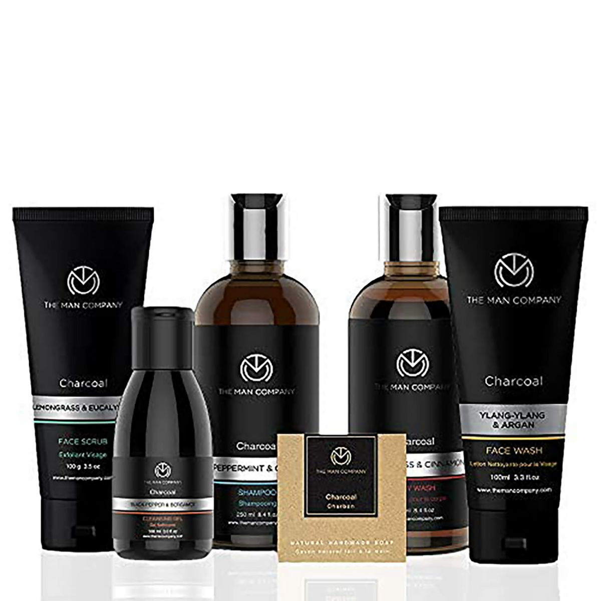 Collection of The Man Company skincare and grooming products on a white background