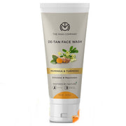 De-tan face wash tube with Moringa and Turmeric ingredients on a white background