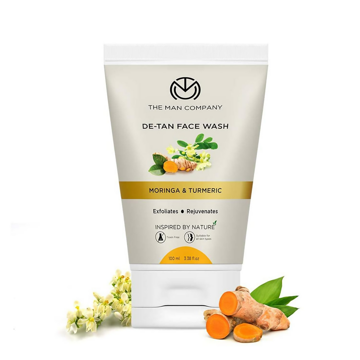 De-tan face wash tube with ingredients on a white background