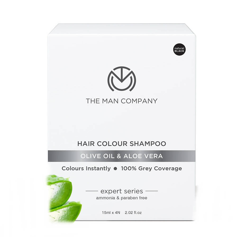 Box of The Man Company Hair Colour Shampoo with olive oil and aloe vera ingredients on a white background