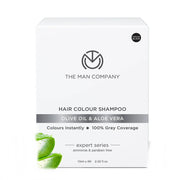 Box of The Man Company Hair Colour Shampoo with olive oil and aloe vera ingredients on a white background