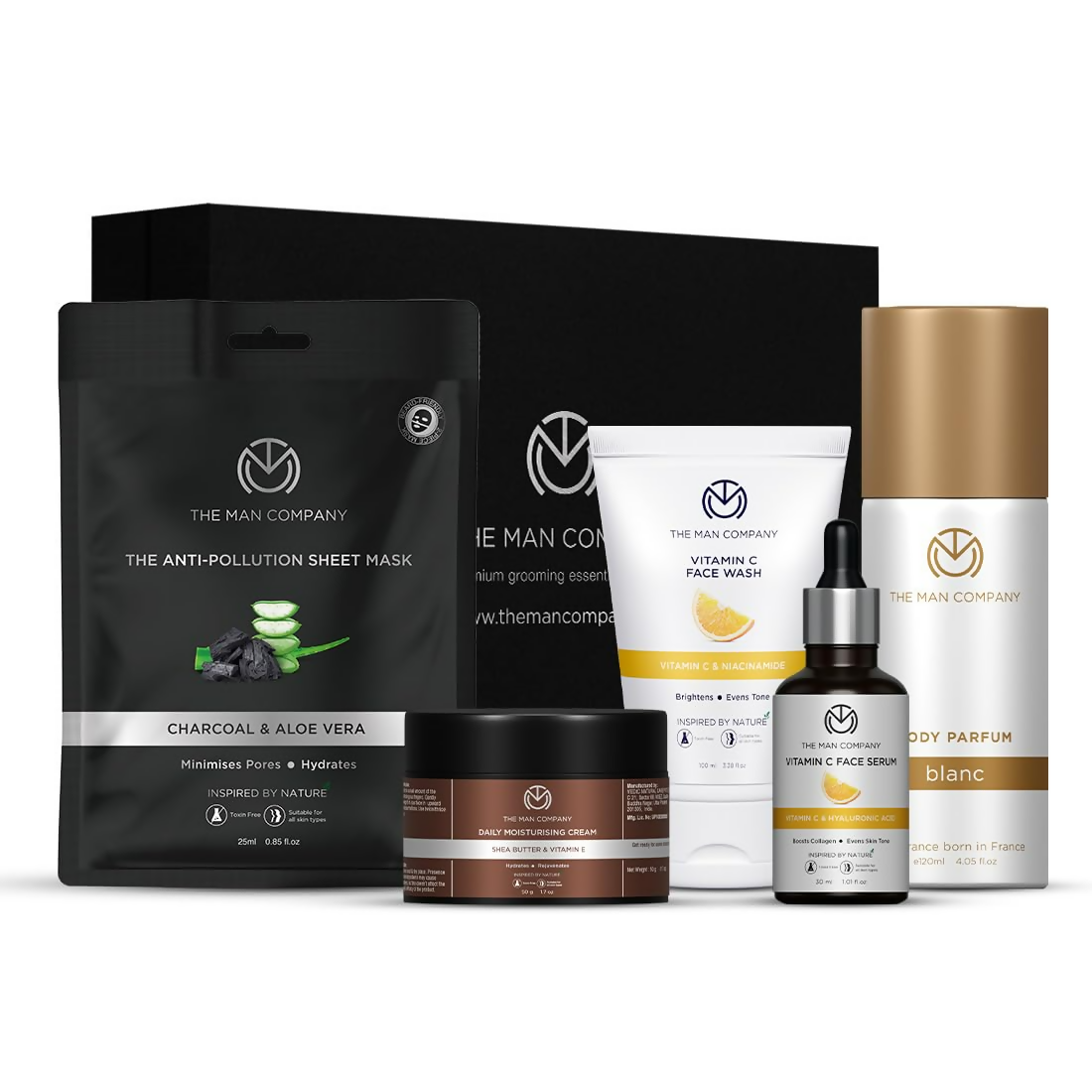 Collection of The Man Company skincare and grooming products on a white background