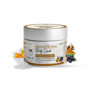 Brightening Body Scrub container with ingredients on a white background