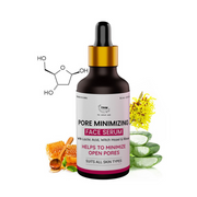 Pore minimizing face serum bottle with ingredients on a white background