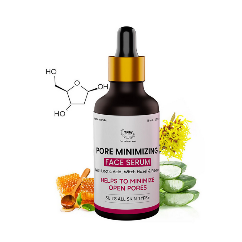 Pore minimizing face serum bottle with ingredients on a white background