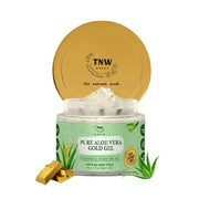 Pure Aloe Vera Gold Gel container with gold lid and TNW branding on a white background