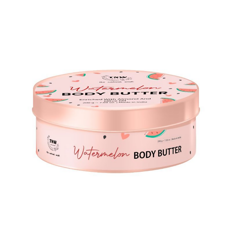 Watermelon body butter container with pink lid and white background