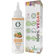 Organic almond oil bottle and packaging with certification logos on a white background
