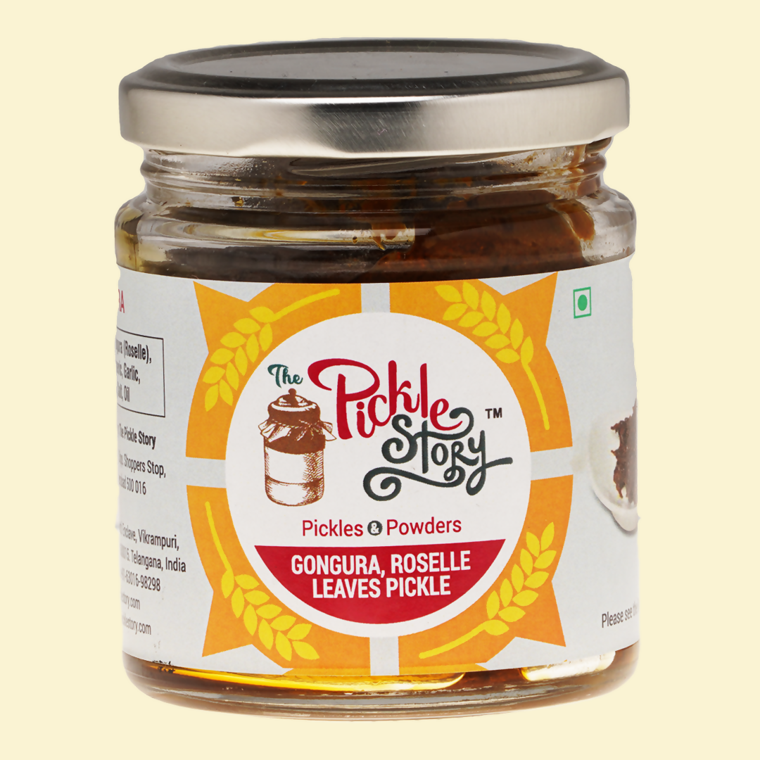 Jar of 'The Pickle Story' Gongura Roselle Leaves Pickle on a beige background