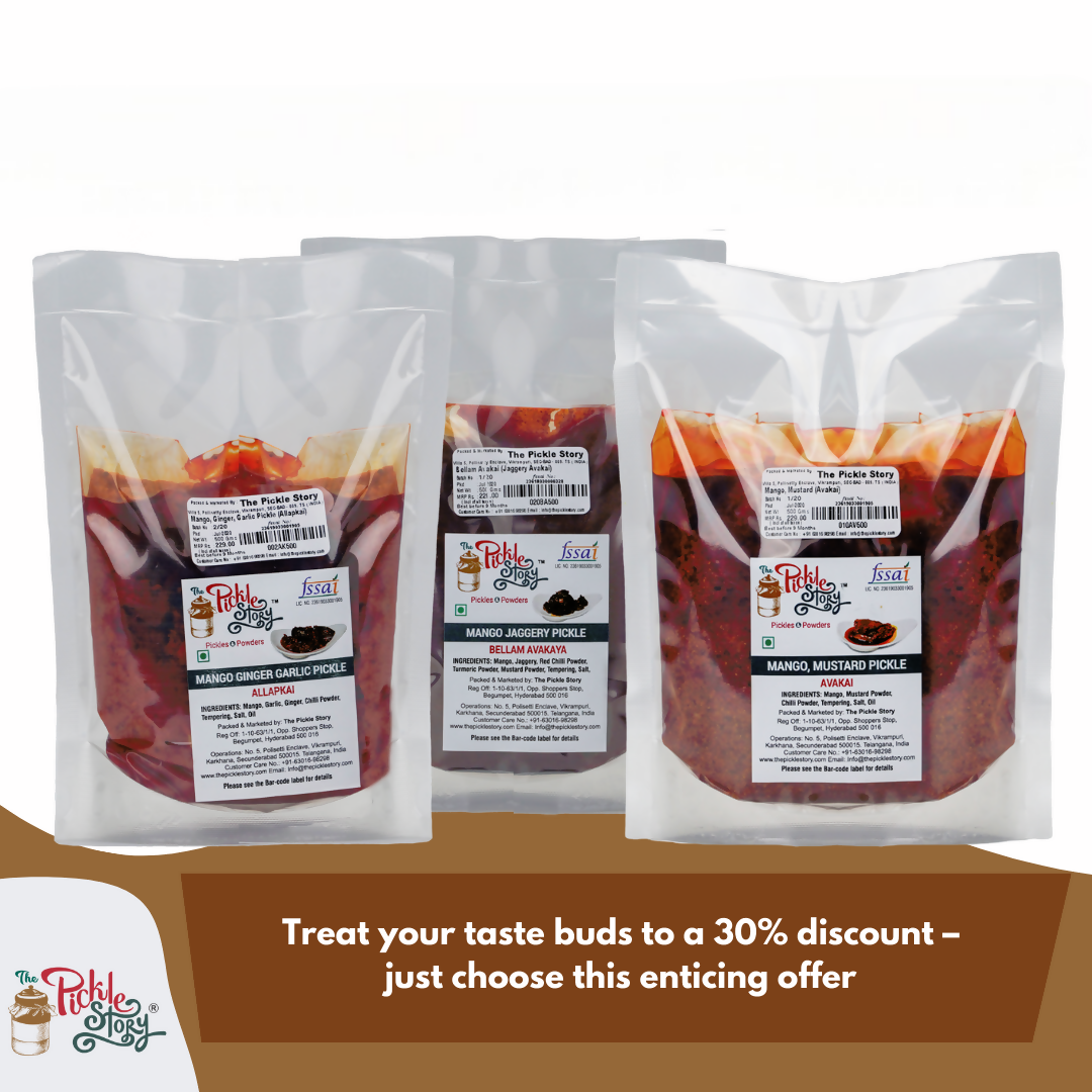 Three packages of pickle products with a promotional message on a white background