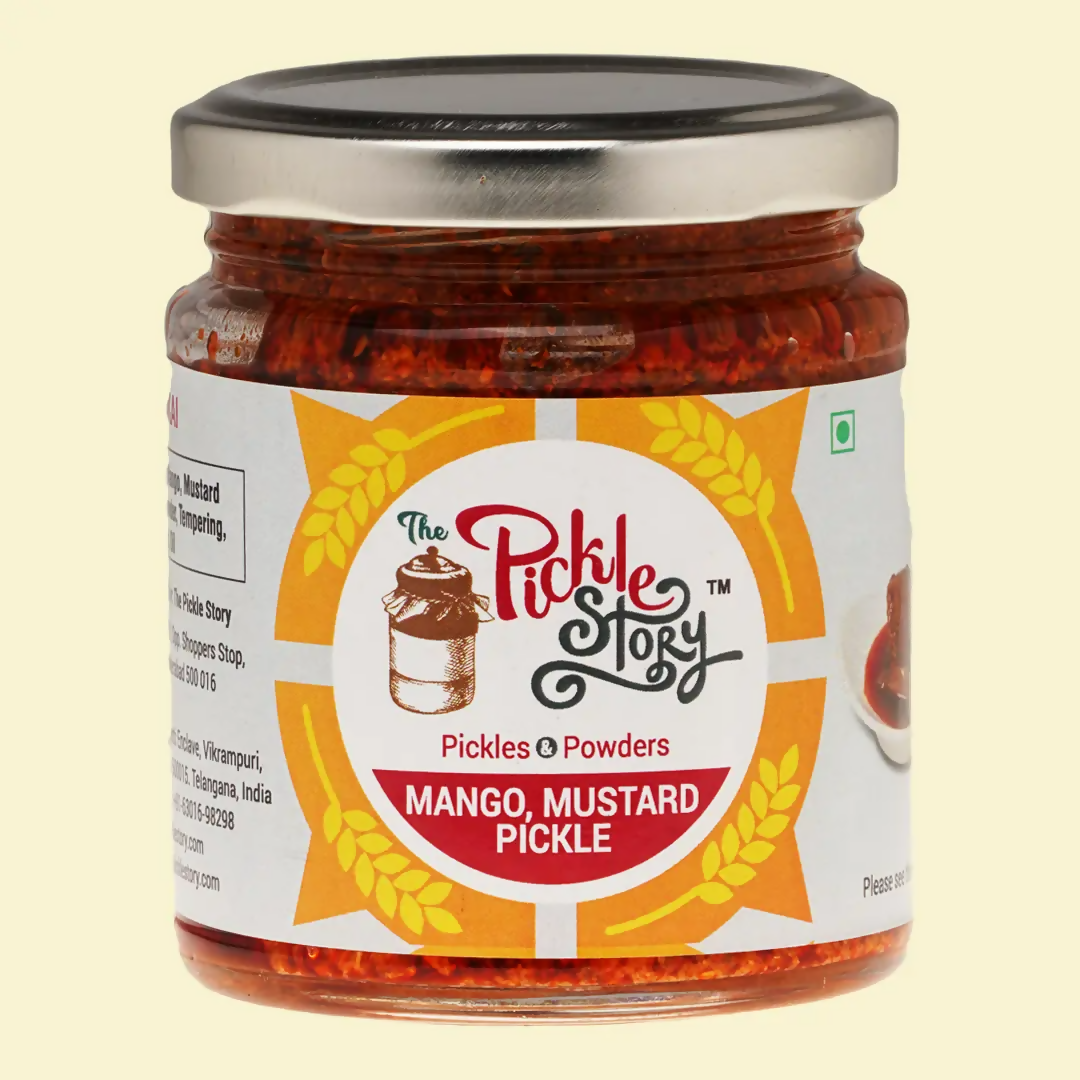 Jar of Mango Mustard Pickle from The Pickle Story on a beige background