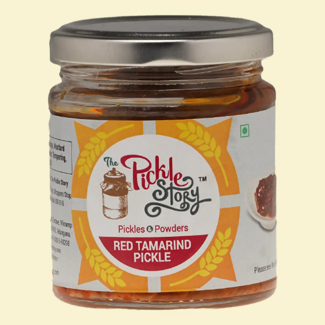 Jar of Red Tamarind Pickle from The Pickle Story on a beige background