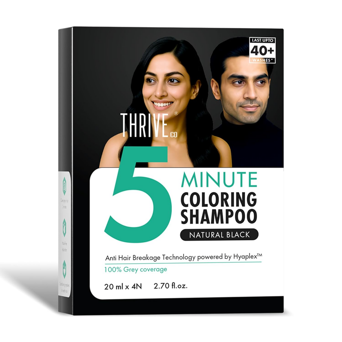 Thrive 5 Minute Coloring Shampoo packaging with a man and woman on a black background