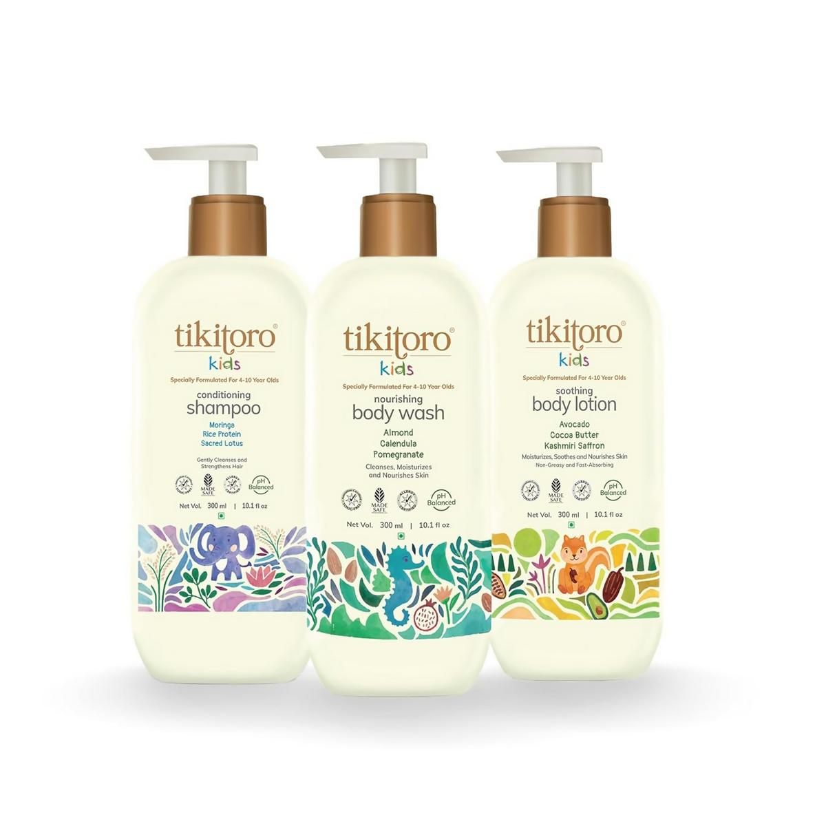 Three bottles of tikitoro kids skincare products on a white background