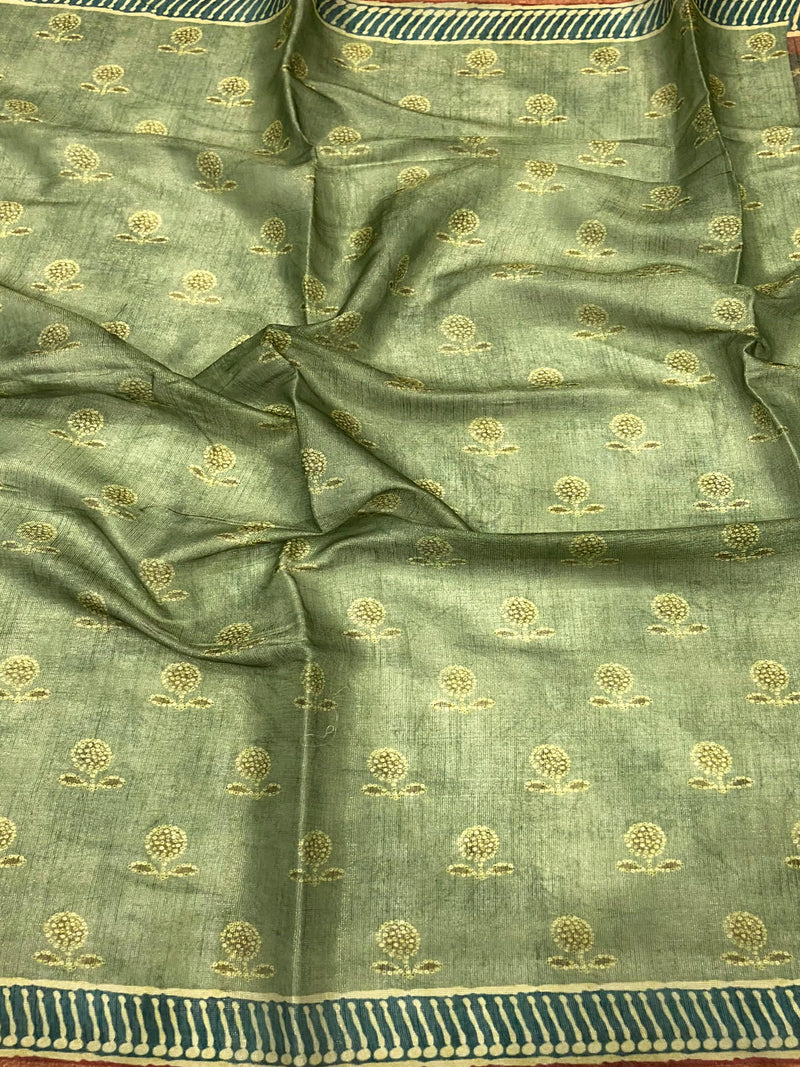 Fern Green Floral Chanderi Saree