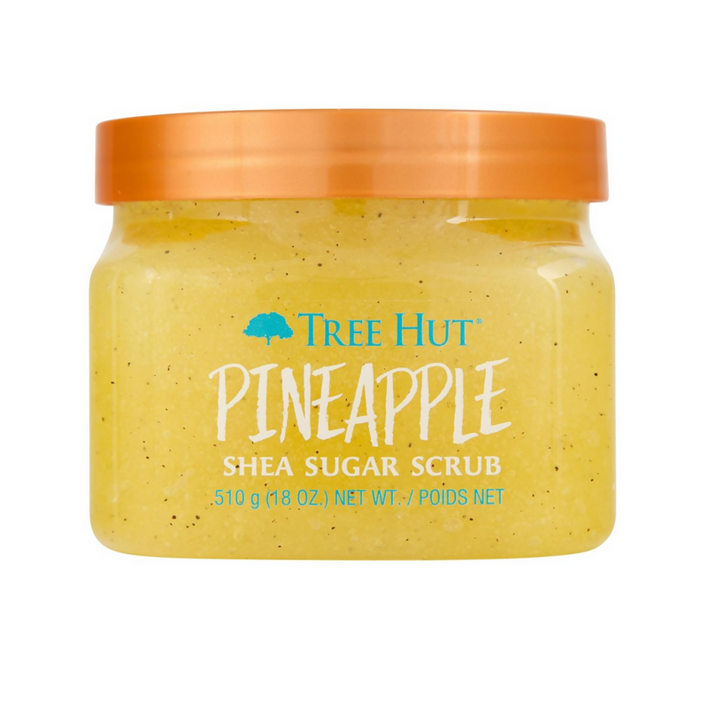 Jar of Tree Hut Pineapple Shea Sugar Scrub with orange lid on a white background