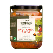 Jar of Two Brothers Organic Farms Spicy Mango Pickle on a white background