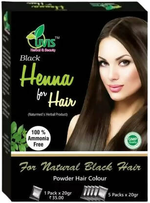 Lavis Black Henna for Hair packaging with a woman's face on a black background
