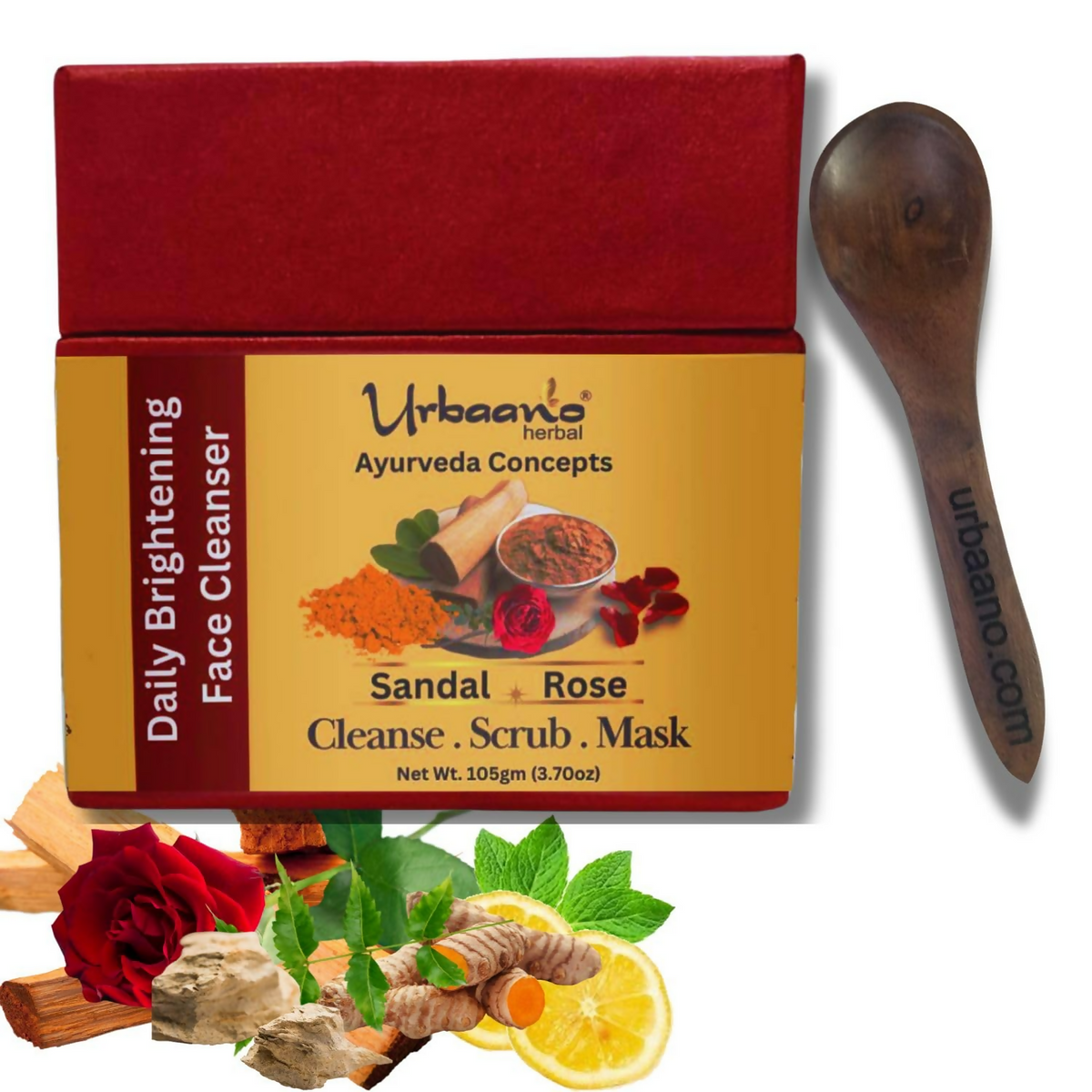 Urbaano's Ayurveda Concepts sandal and rose face cleanser packaging with a wooden spoon.