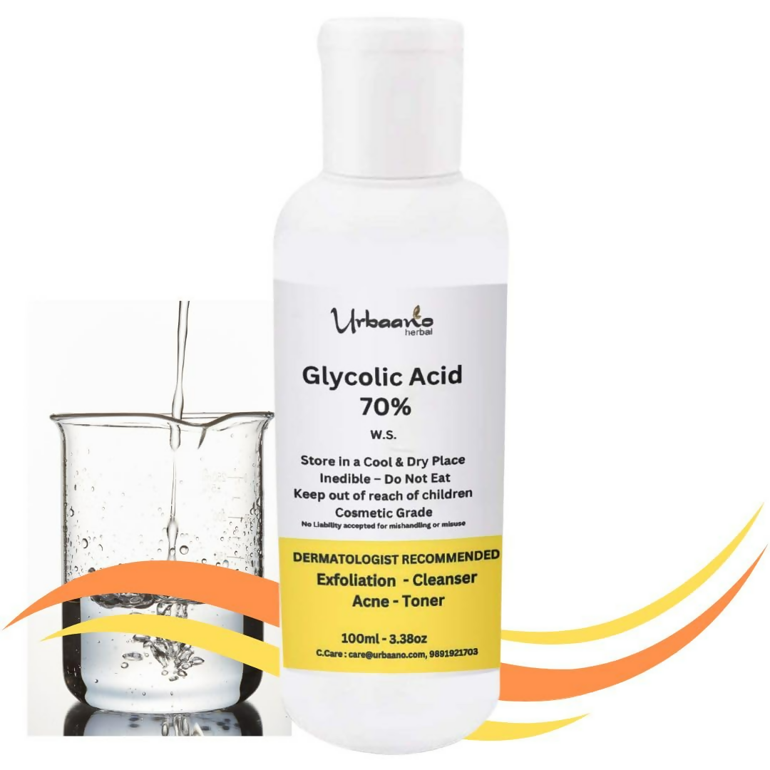 Bottle of Glycolic Acid 70% with a beaker in the background on a white background