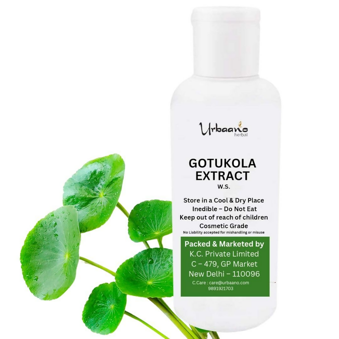 Bottle of Urbeano Gotukola Extract with green leaves on a white background