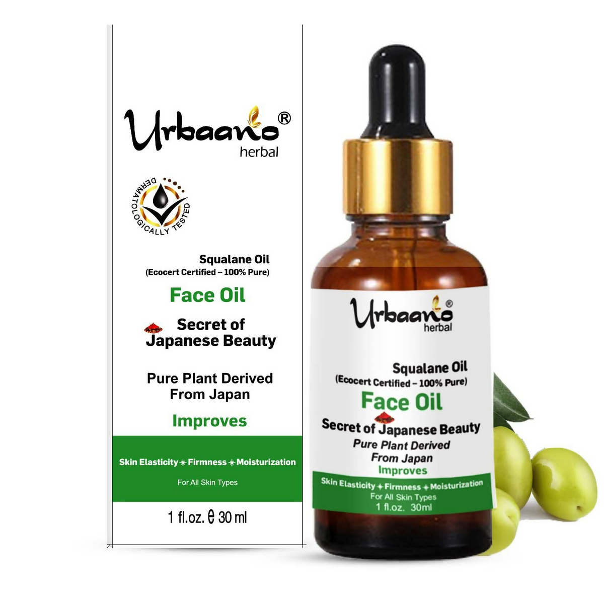 Urbaano herbal squalane oil face oil bottle with packaging on a white background