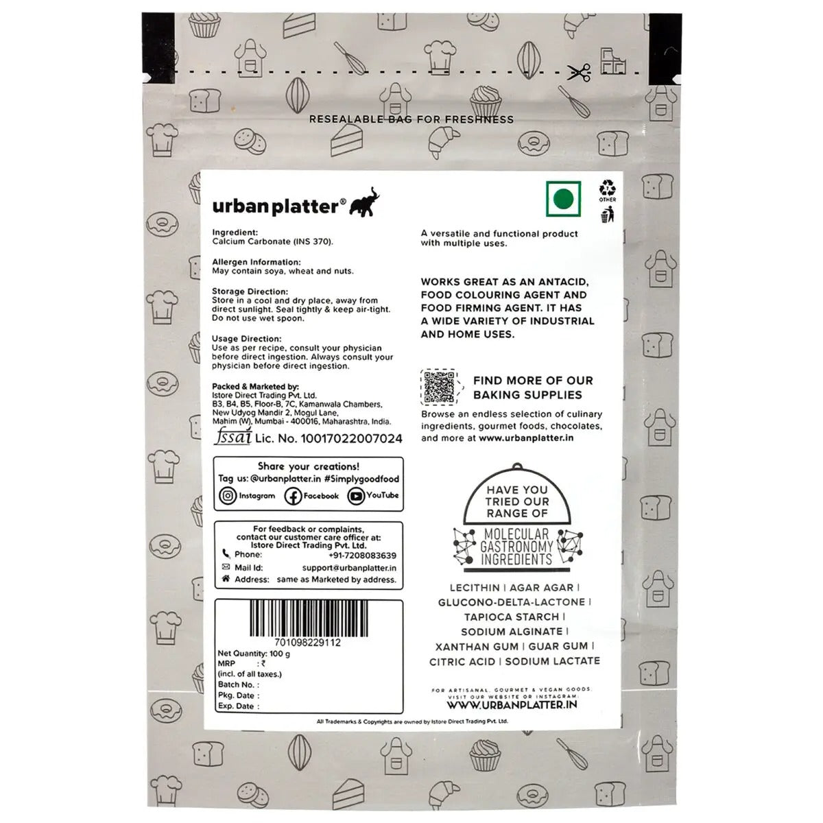 Back of an urban platter packaging with text and icons