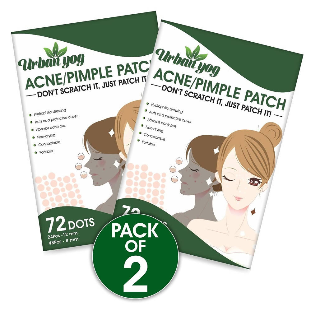 Two packages of Urban Yog Acne/Pimple Patch with illustrations and text on a white background.
