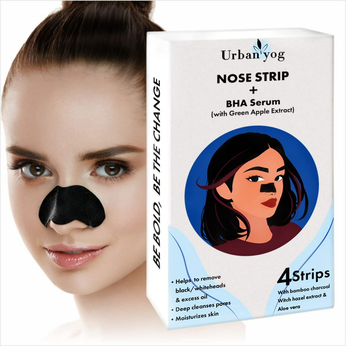 Urban Yog nose strip and BHA serum packaging with a woman's face wearing a nose strip.