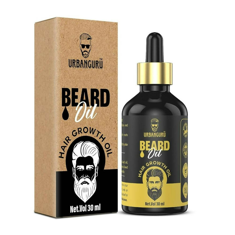 Urbanguru beard oil bottle and packaging on a white background