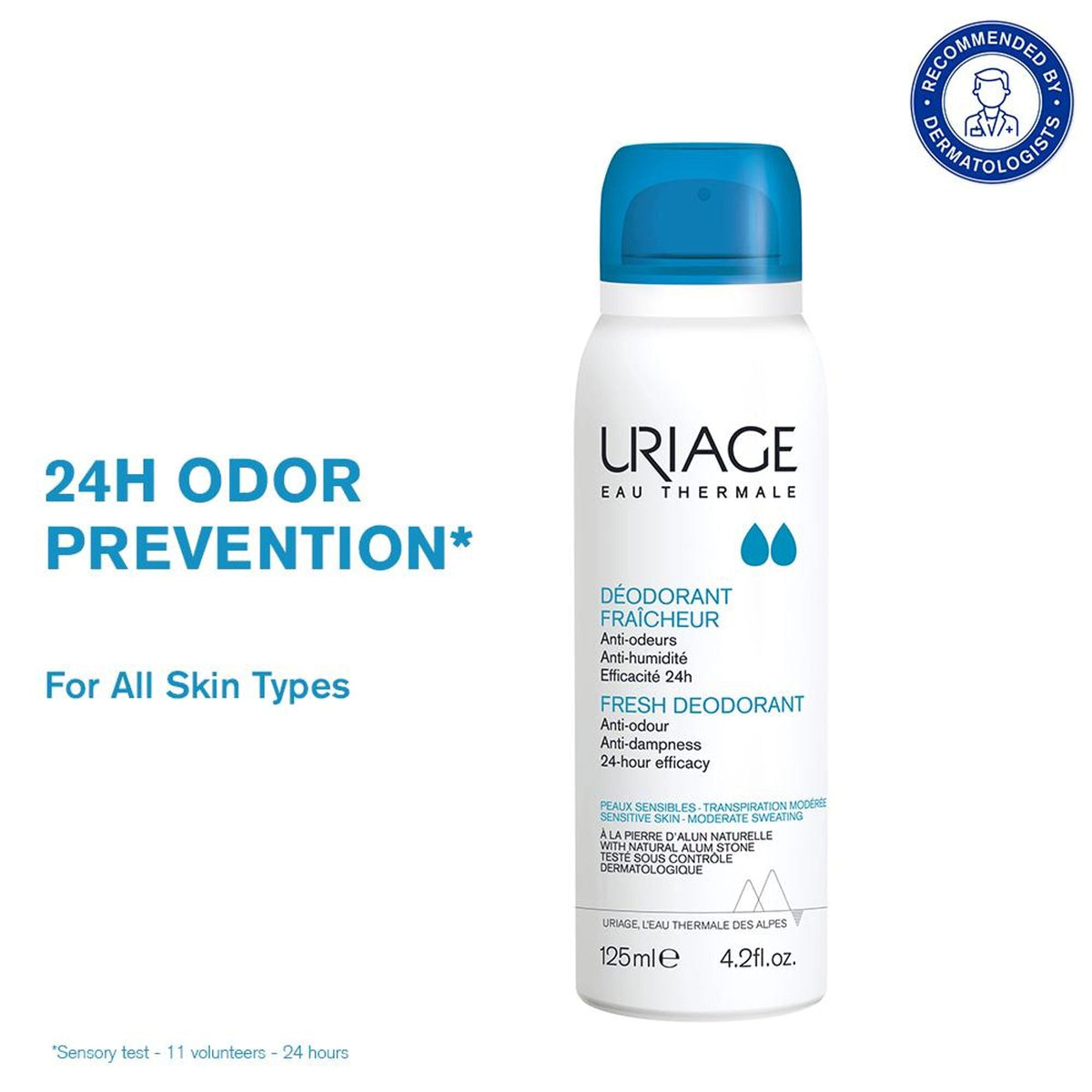 Uriage deodorant spray bottle with blue cap on a white background