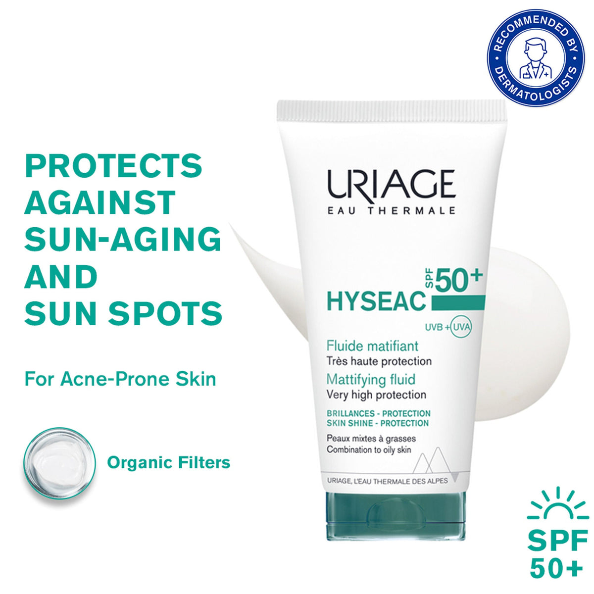 Uriage Hysseac SPF 50+ sunscreen tube with product details on a white background