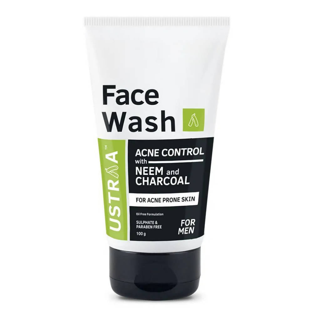Ustraa Face Wash tube for acne control with Neem and Charcoal on a white background