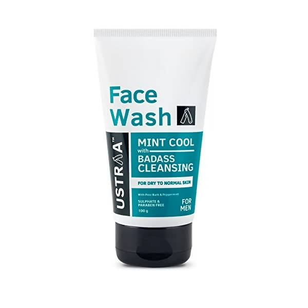 Ustraa Face Wash tube with mint cool and badass cleansing ingredients on a white background