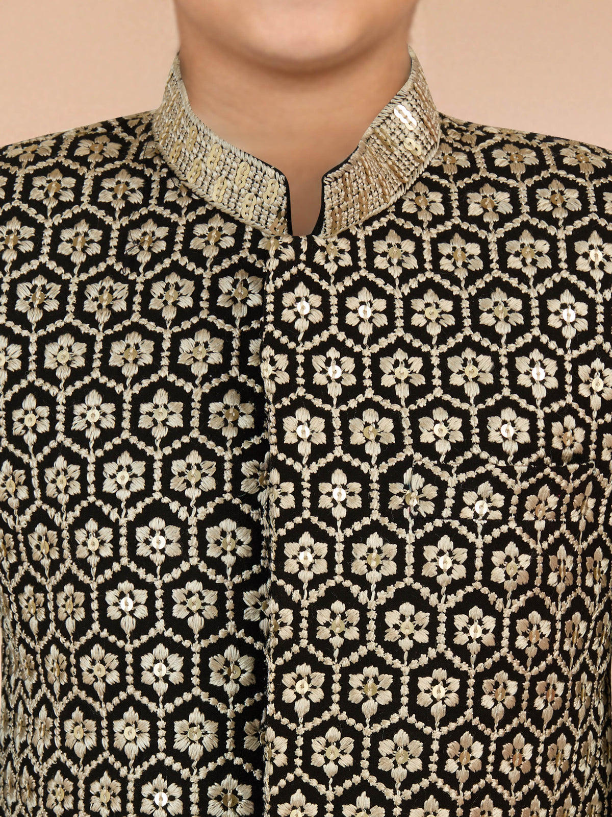 Boy's Black Chikankari Embroidered Rayon Sherwani Set