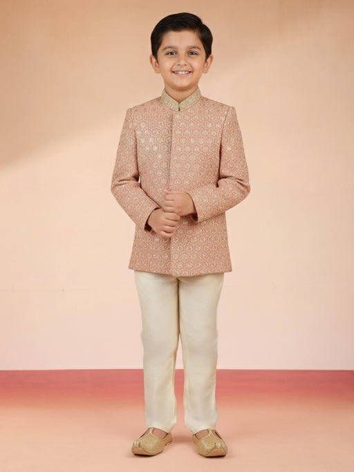 Boy's Peach Rayon Sherwani Set