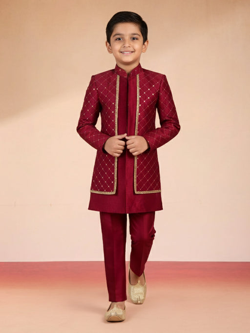 Boy's Maroon Silk Blend Sherwani Set