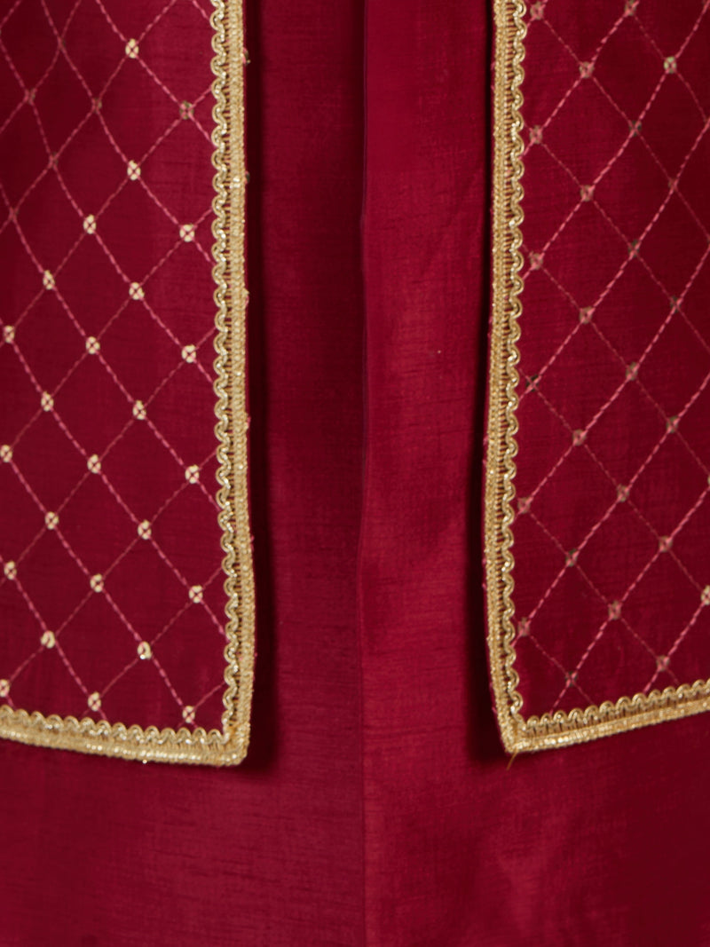 Boy's Maroon Silk Blend Sherwani Set