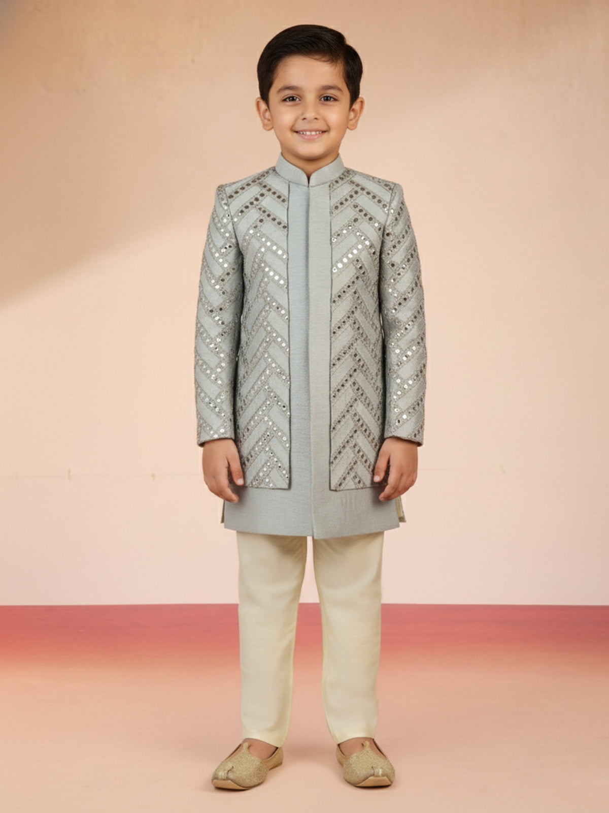 Boy's Aqua Silk Blend Sherwani Set
