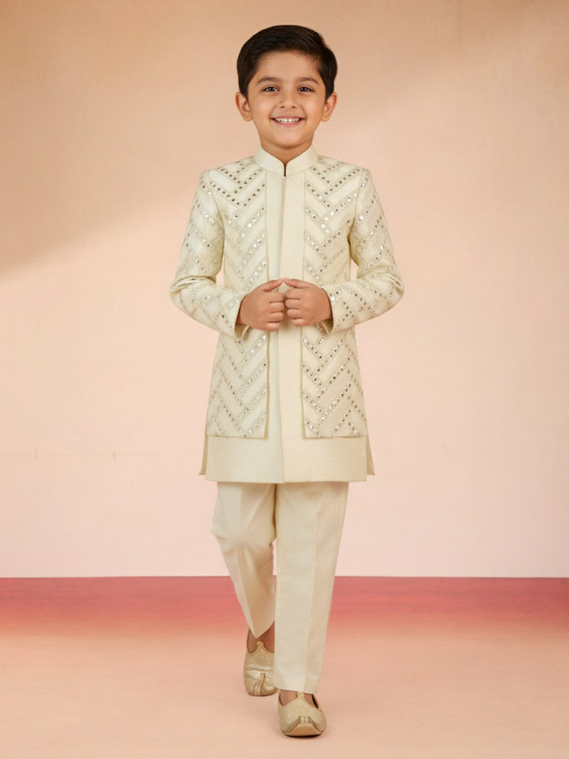 Boy's Cream Silk Blend Sherwani Set