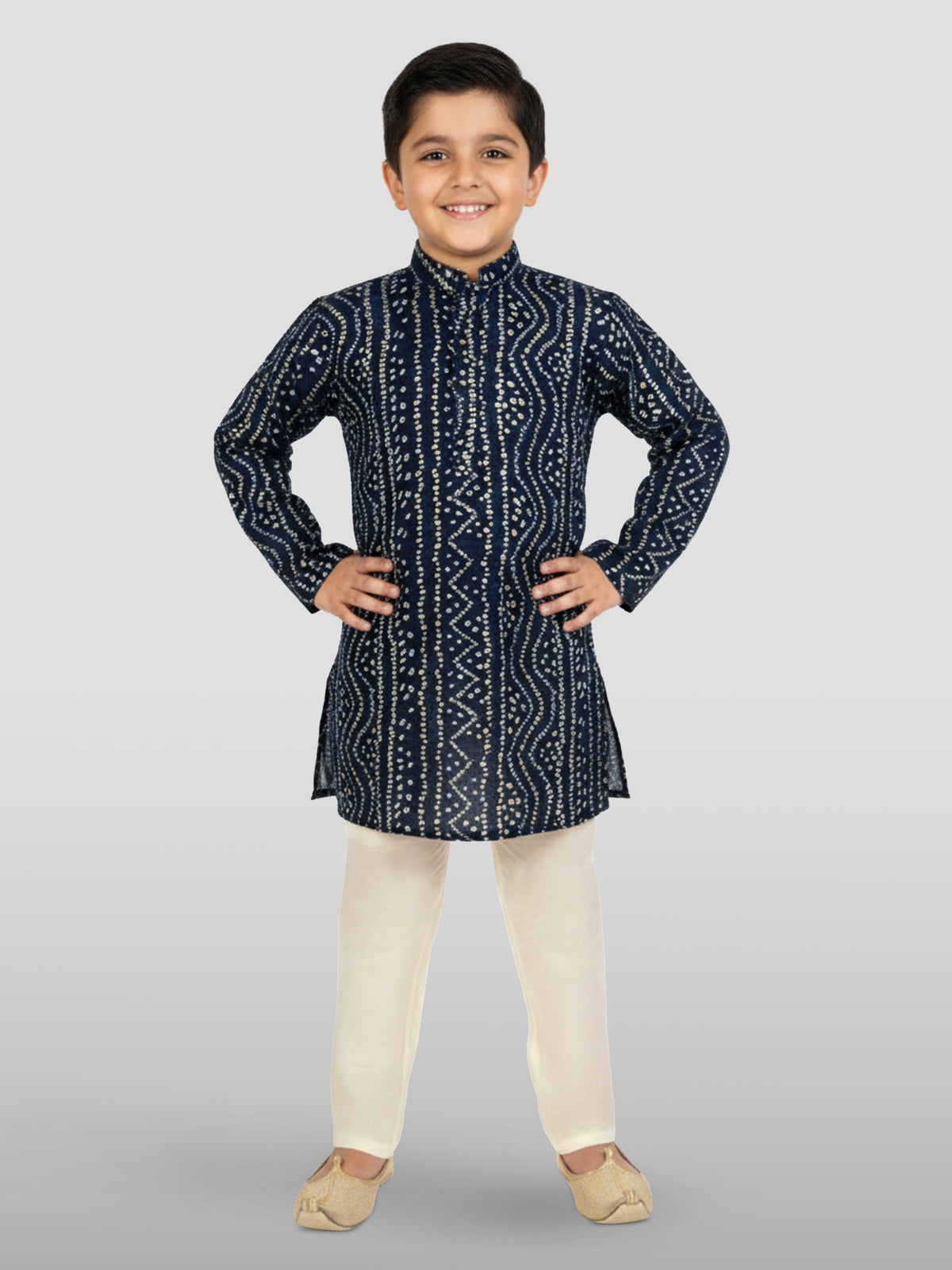 Boys Blue Rayon Bandhani Kurta Pyjama Set