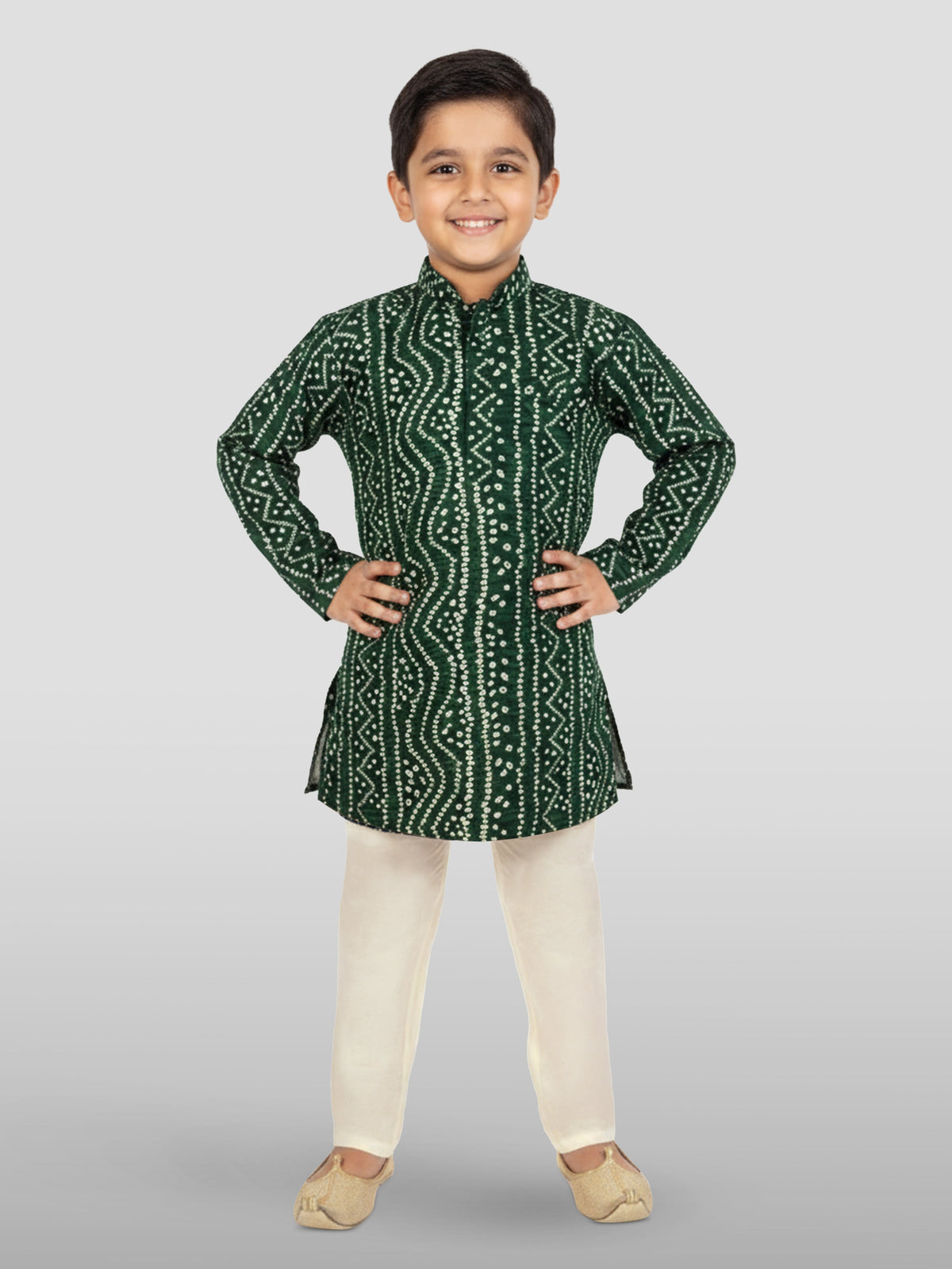 Boys Green Rayon Bandhani Kurta Pyjama Set