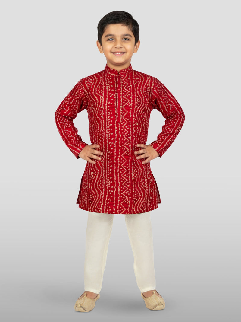 Boys Maroon Rayon Bandhani Kurta Pyjama Set