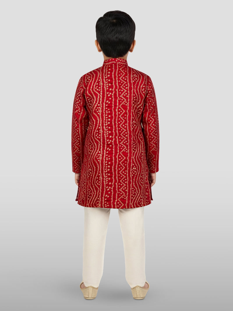 Boys Maroon Rayon Bandhani Kurta Pyjama Set