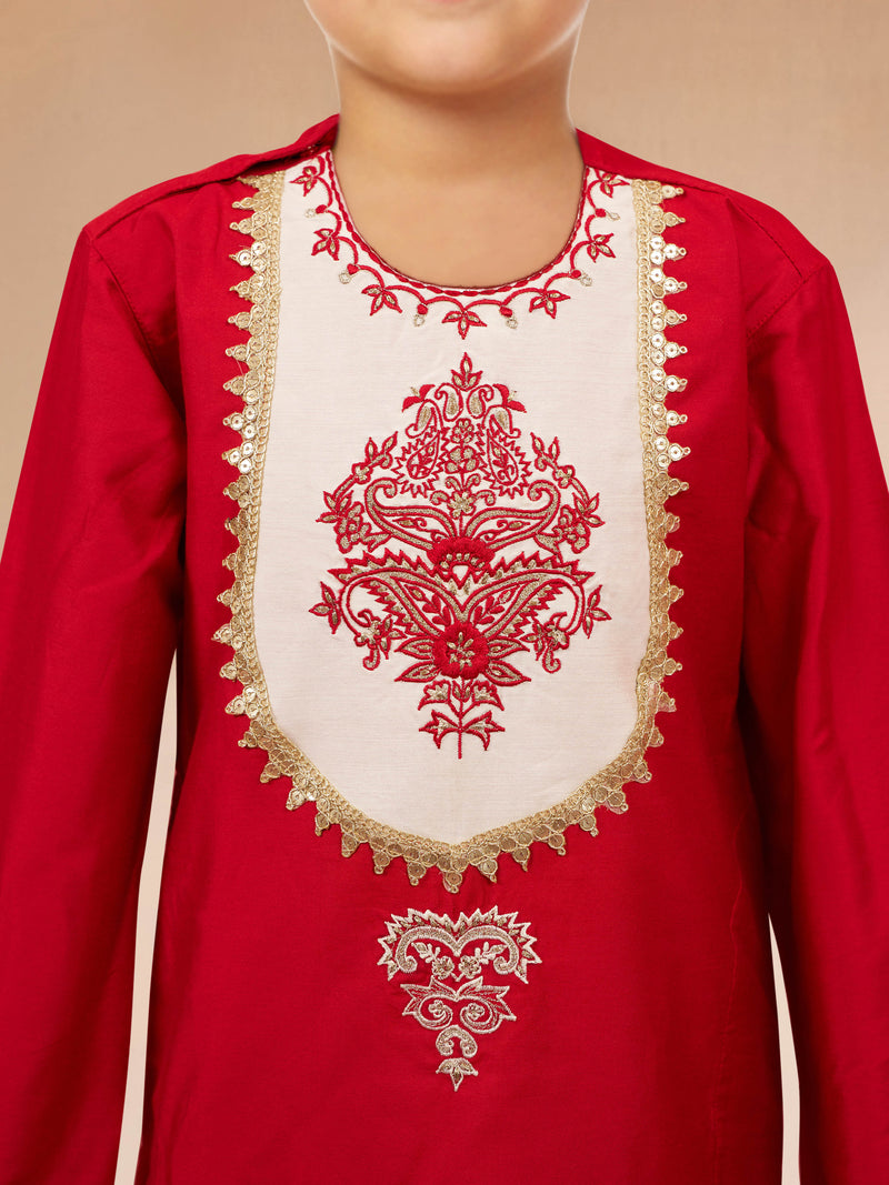 Boy's Red Viscose Kurta with Cream Dhoti