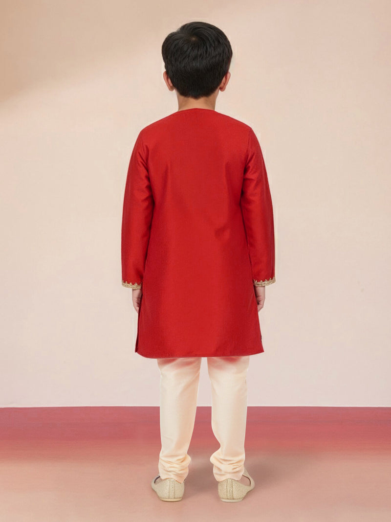 Boy's Red Viscose Kurta with Cream Pyjama