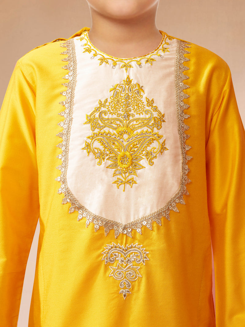 Boy's Yellow Viscose Kurta with Cream Dhoti