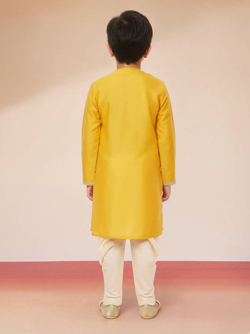 Boy's Yellow Viscose Kurta with Cream Dhoti